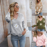 Ripped Long Sleeves Loose Sweater Little Floral V-neck Pullover Sweater