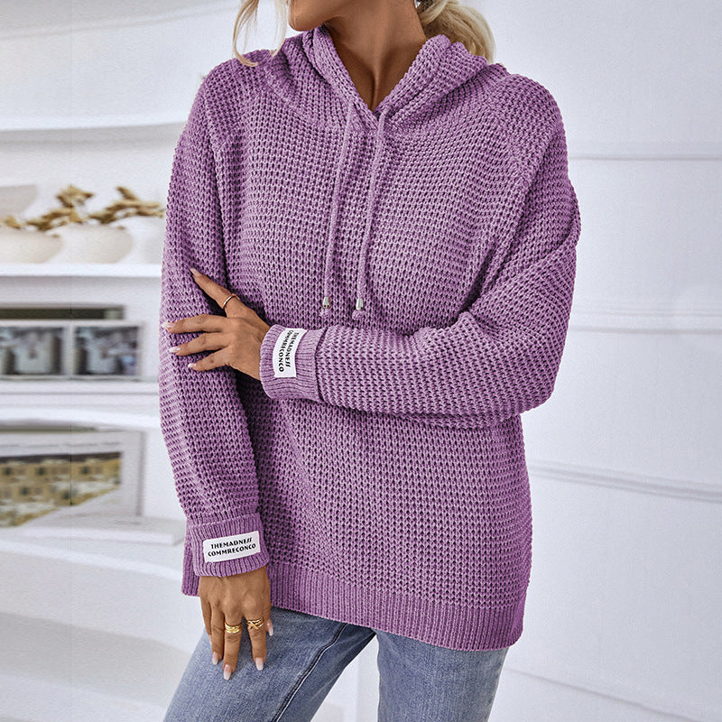 Solid Color Pullover Women Knitwear Hooded Drawstring Sweater Women