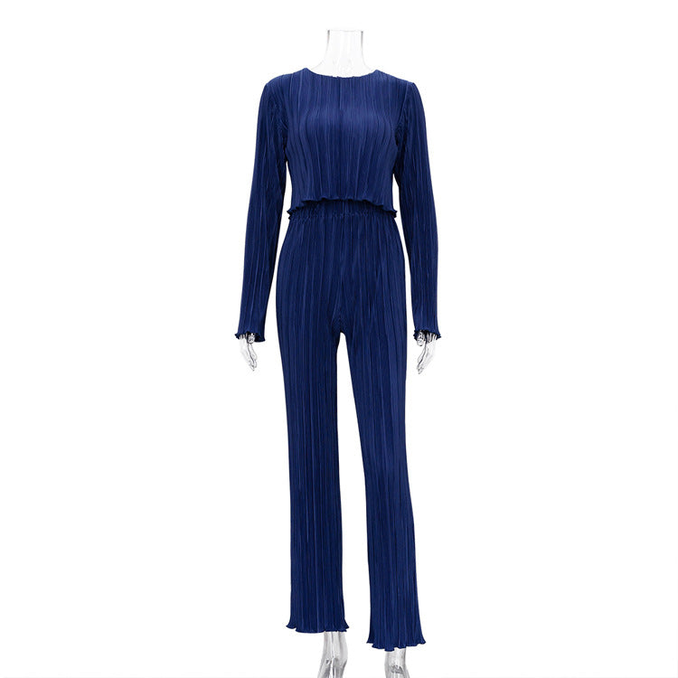 Style Early Chanel Style Long Sleeve T-shirt Two Piece Slim Blue Pleated Wide Leg Trousers Suit