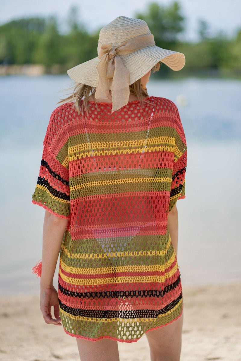 Knitted Color Stripes Beach Cover-up Sexy Hollow Out Cutout Vacation Sun Protection Shirt Bikini Swimsuit Blouse