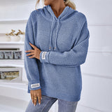 Solid Color Pullover Women Knitwear Hooded Drawstring Sweater Women