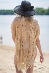 Apricot Color Knitted Beach Cover-up Sexy Tassel Hollow Out Cutout Holiday Sun Protection Shirt Bikini Cover