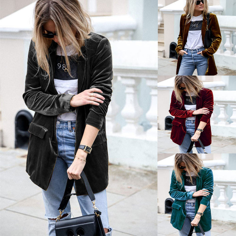 Velvet Blazer Solid Color Casual Blazer Mid-Length Coat for Women Outerwear