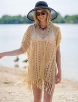 Apricot Color Knitted Beach Cover-up Sexy Tassel Hollow Out Cutout Holiday Sun Protection Shirt Bikini Cover