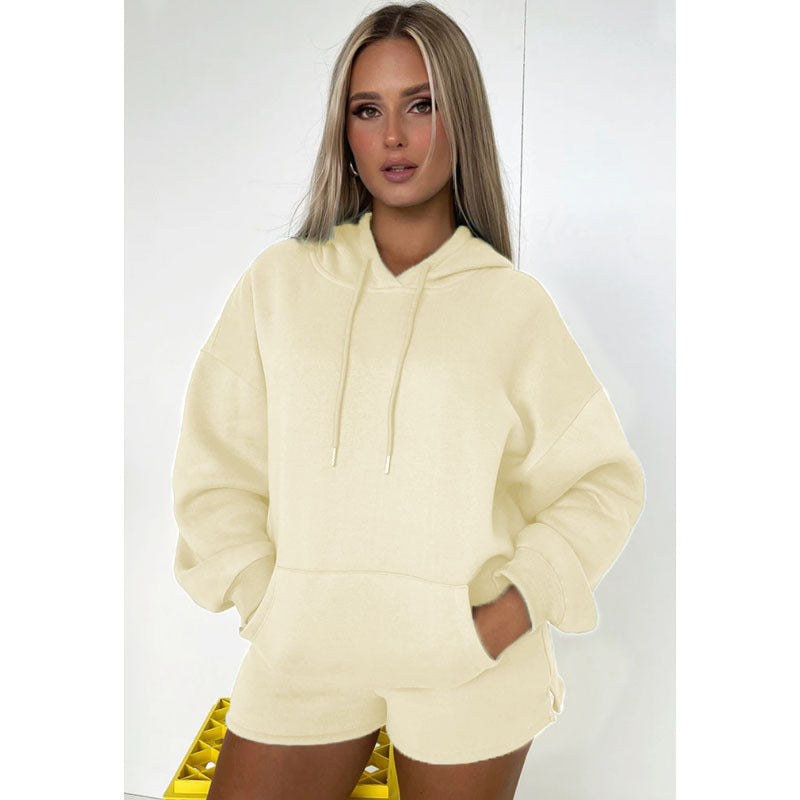 Pure Color Thickened Fleece Lined Hooded Long Sleeve Sweater Women Casual Shorts Suit