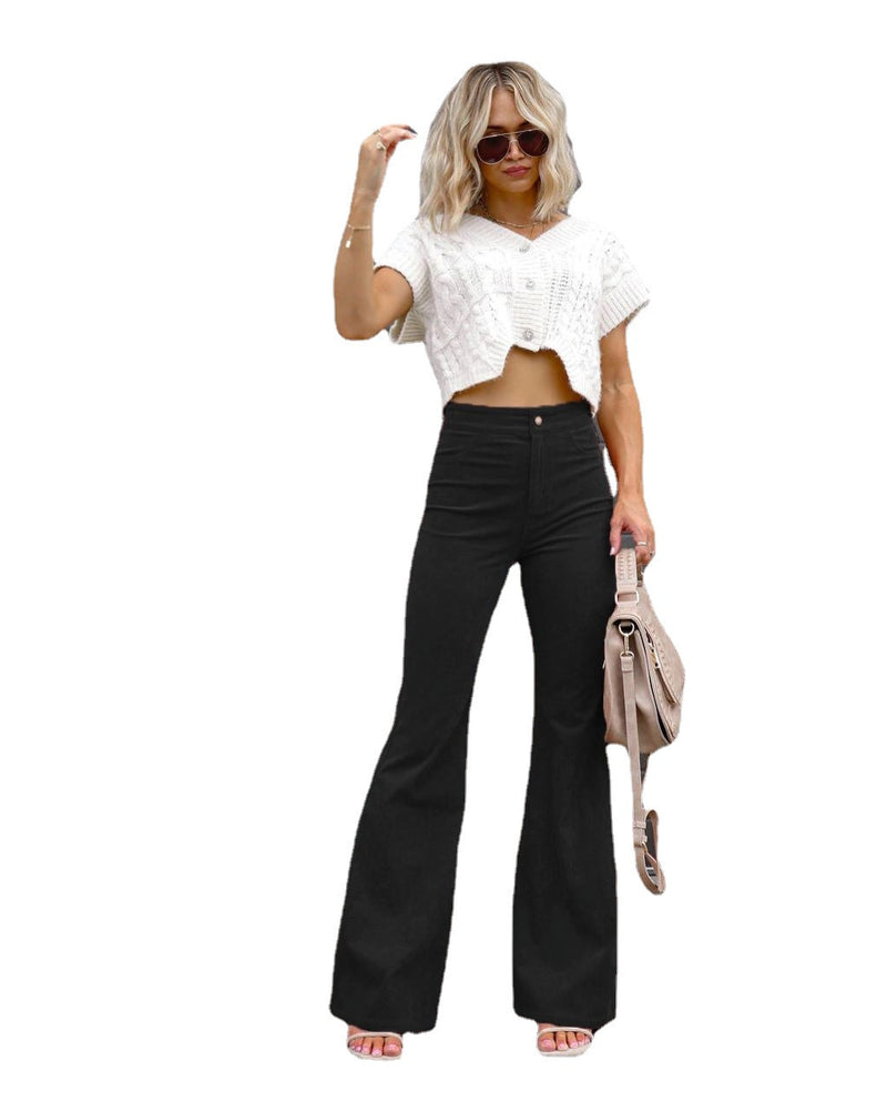 Pure Color Corduroy Elegant Women Trousers Bootcut Trousers High Waist Casual Pants