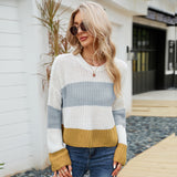 Loose Wear Leisure Pullover Sweater Striped Color Contrast Short Sweater