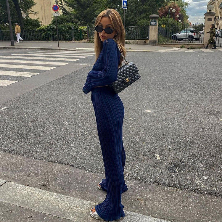 Style Early Chanel Style Long Sleeve T-shirt Two Piece Slim Blue Pleated Wide Leg Trousers Suit