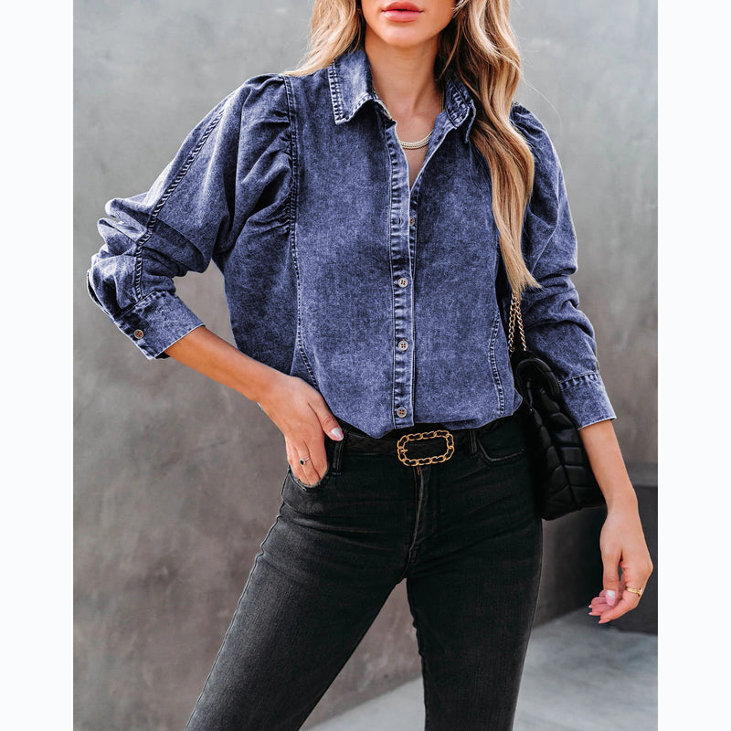 Lapel Casual Street Style Denim Shirt Women