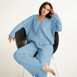 Double Layer Crepe V-neck French Loose Comfortable Long Sleeve Women  Cotton Linen Homewear Set