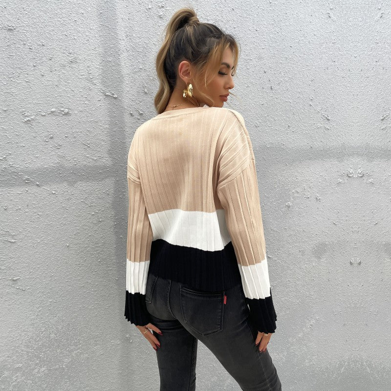 Style Casual Women Wear Stitching Long Sleeve Bottoming Sweater