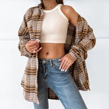 Women Clothing Plaid Shirt Collared Bat Sleeve Coat