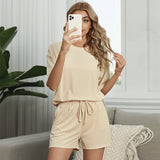 Women Rib Sunken Stripe Pajamas Solid Color Short Sleeve Home Wear Suit