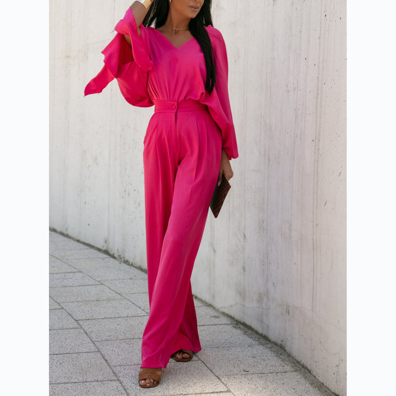 Street Style Suit Solid Color V-neck Lace up Trousers Suit