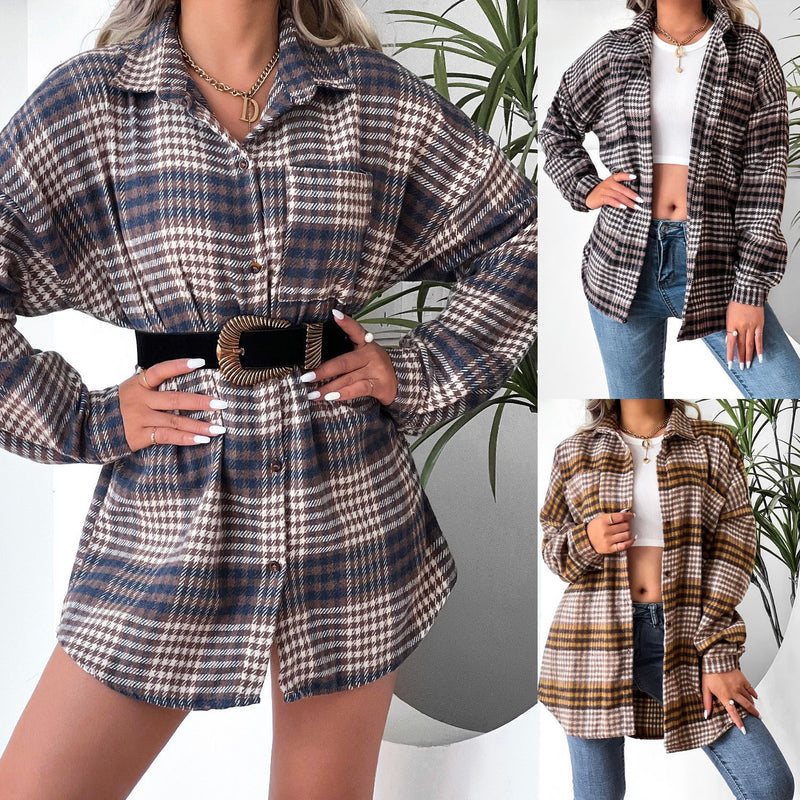 Women Clothing Plaid Shirt Collared Bat Sleeve Coat