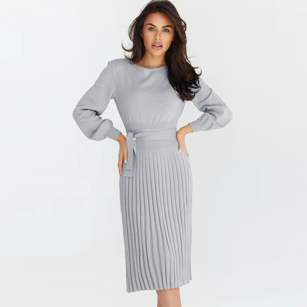 Women Autumn Winter Knitting Dress Slim-Fit Pleated Mid-Length Bottoming Sweater Skirt