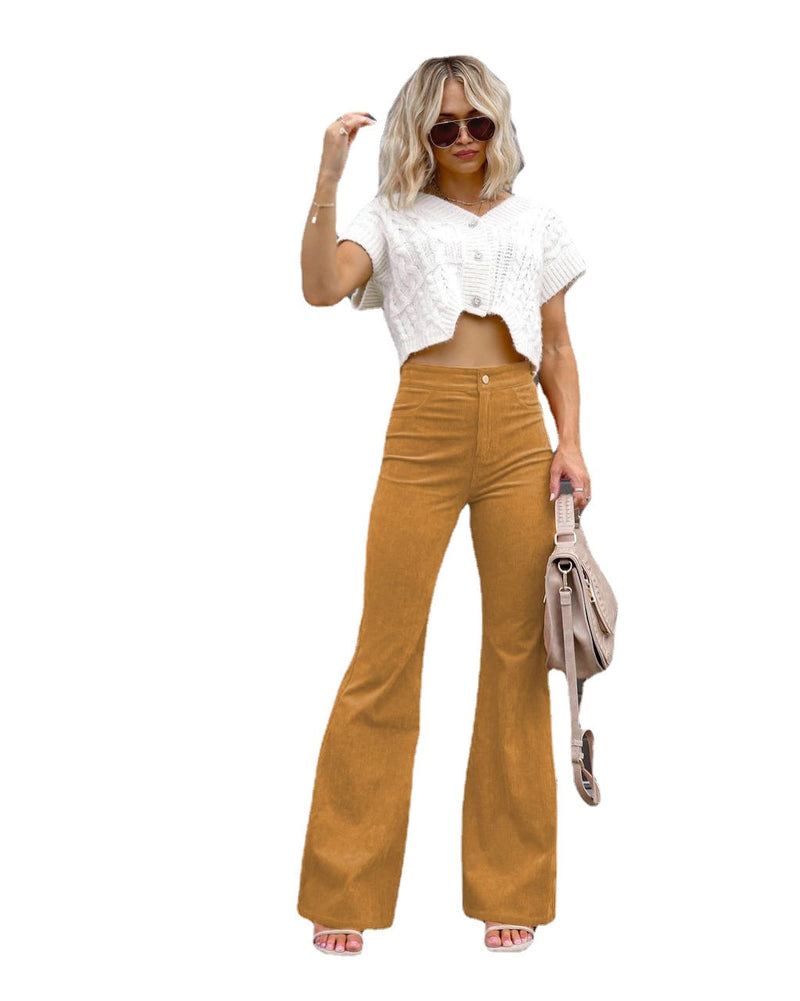 Pure Color Corduroy Elegant Women Trousers Bootcut Trousers High Waist Casual Pants