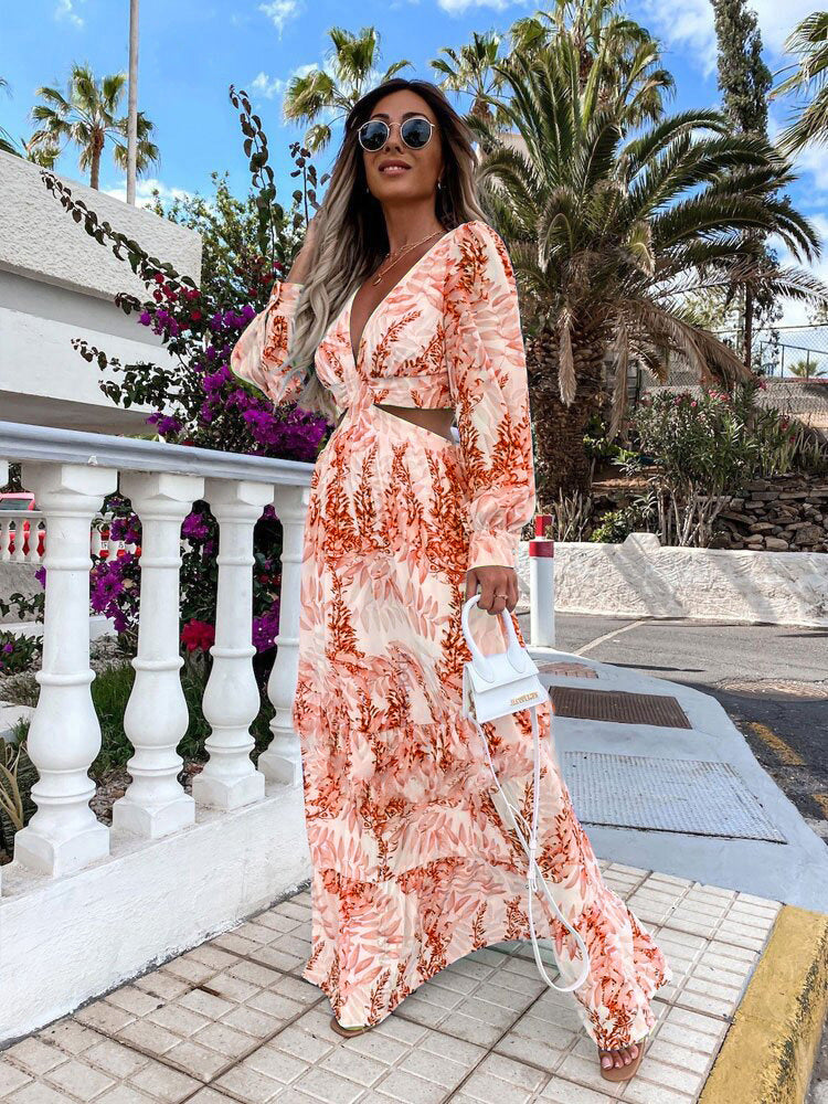 Women Wear Spring Long Printed V-neck Long Sleeve Elegant Dress