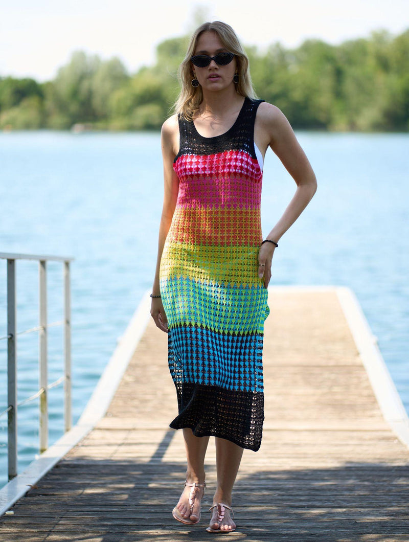 Knitted Rainbow Bar Beach Cover-up Sexy Strap Dress Vacation Skirt Bikini Blouse