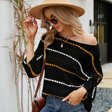 Loose Women Top Striped Knitwear off-Neck Hollow Out Hollow Out Cutout-out Knitted Blouse