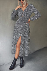 Women Clothing V neck Floral Long Sleeve Split Maxi Dress