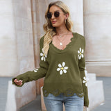 Ripped Long Sleeves Loose Sweater Little Floral V-neck Pullover Sweater