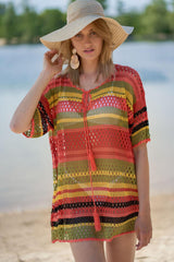 Knitted Color Stripes Beach Cover-up Sexy Hollow Out Cutout Vacation Sun Protection Shirt Bikini Swimsuit Blouse