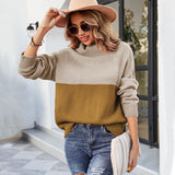 Women Contrast Color Turtleneck Knitwear Women Color-Block Crew Neck Sweater