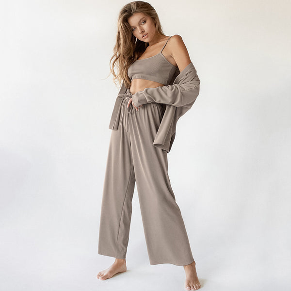 Knitted French Ice Silk Rib Chest Wrap Underwear Comfortable Women Pajamas Three Piece Home Wear Women