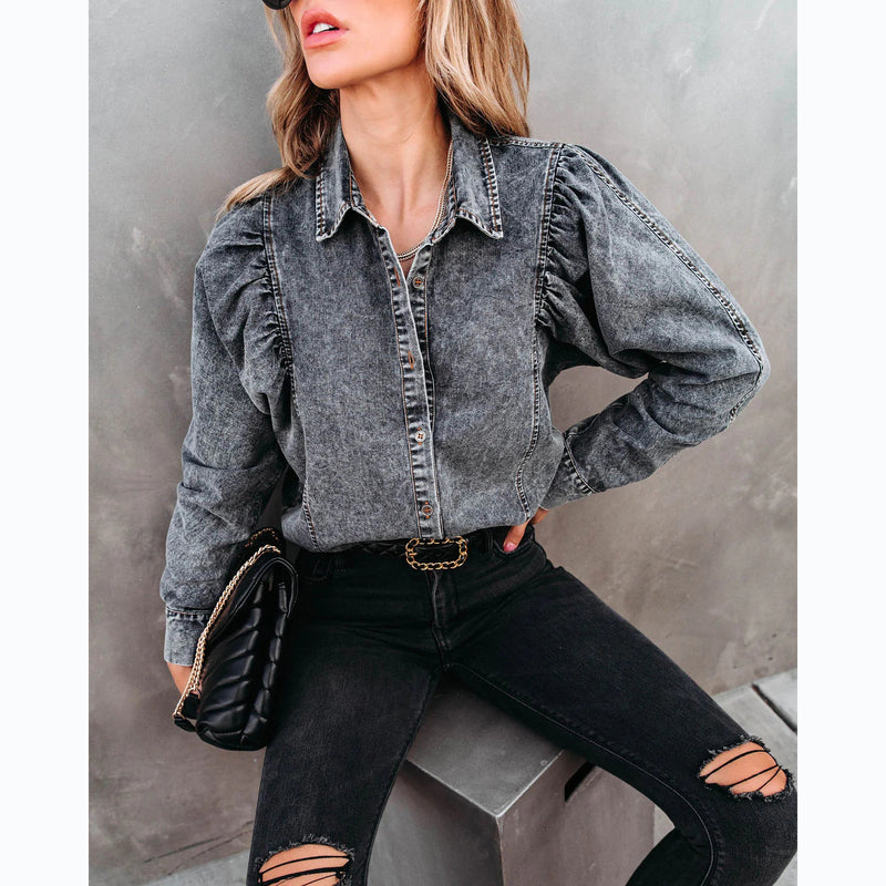 Lapel Casual Street Style Denim Shirt Women