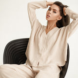 Double Layer Crepe V-neck French Loose Comfortable Long Sleeve Women  Cotton Linen Homewear Set