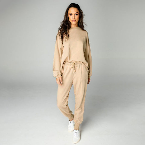 Casual Solid Color Loose round Neck Women Long Sleeved Fleece Set