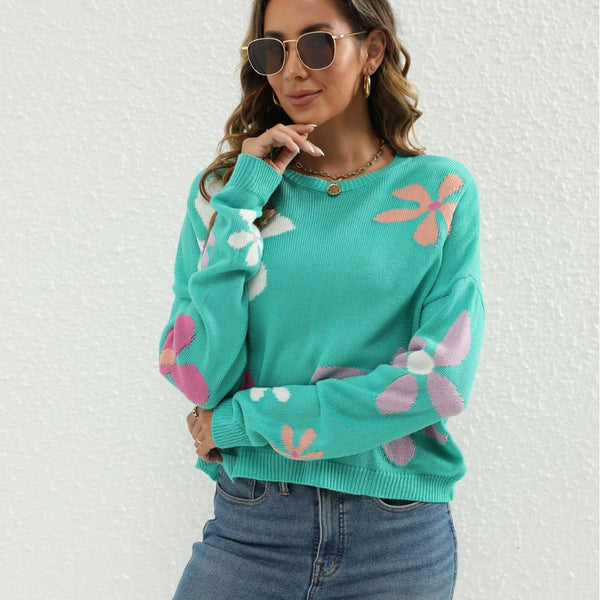 Women Jacquard Contrast Color Floral Sweater O neck Short All Match Casual Pullover Sweater