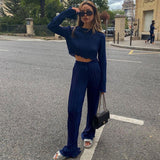 Style Early Chanel Style Long Sleeve T-shirt Two Piece Slim Blue Pleated Wide Leg Trousers Suit