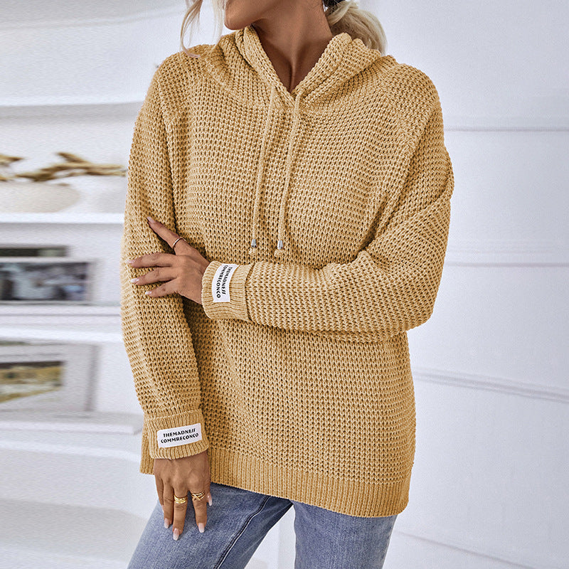 Solid Color Pullover Women Knitwear Hooded Drawstring Sweater Women