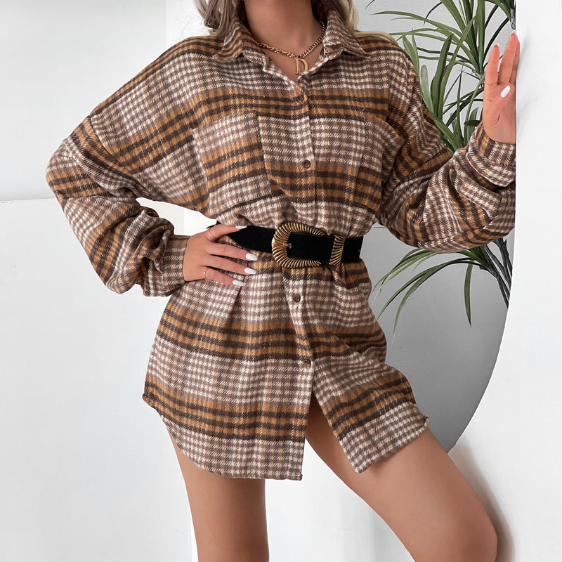 Women Clothing Plaid Shirt Collared Bat Sleeve Coat