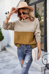 Women Contrast Color Turtleneck Knitwear Women Color-Block Crew Neck Sweater