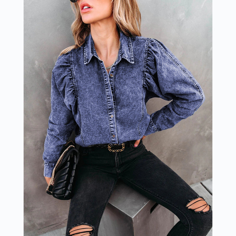 Lapel Casual Street Style Denim Shirt Women