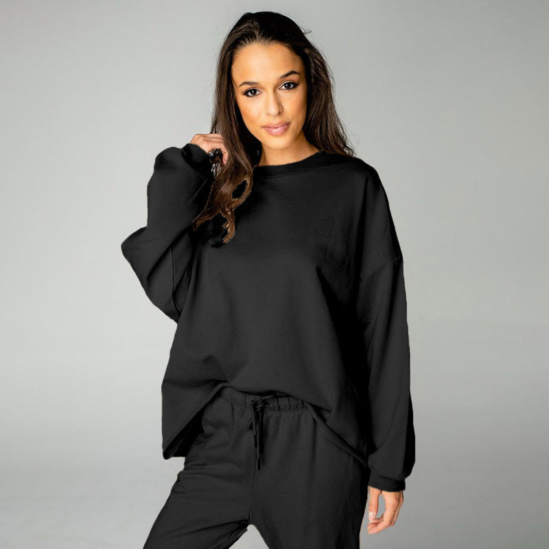 Casual Solid Color Loose round Neck Women Long Sleeved Fleece Set