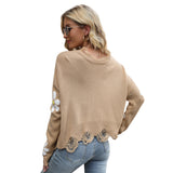 Ripped Long Sleeves Loose Sweater Little Floral V-neck Pullover Sweater