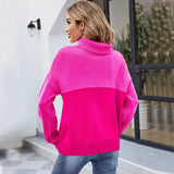 Women Contrast Color Turtleneck Knitwear Women Color-Block Crew Neck Sweater