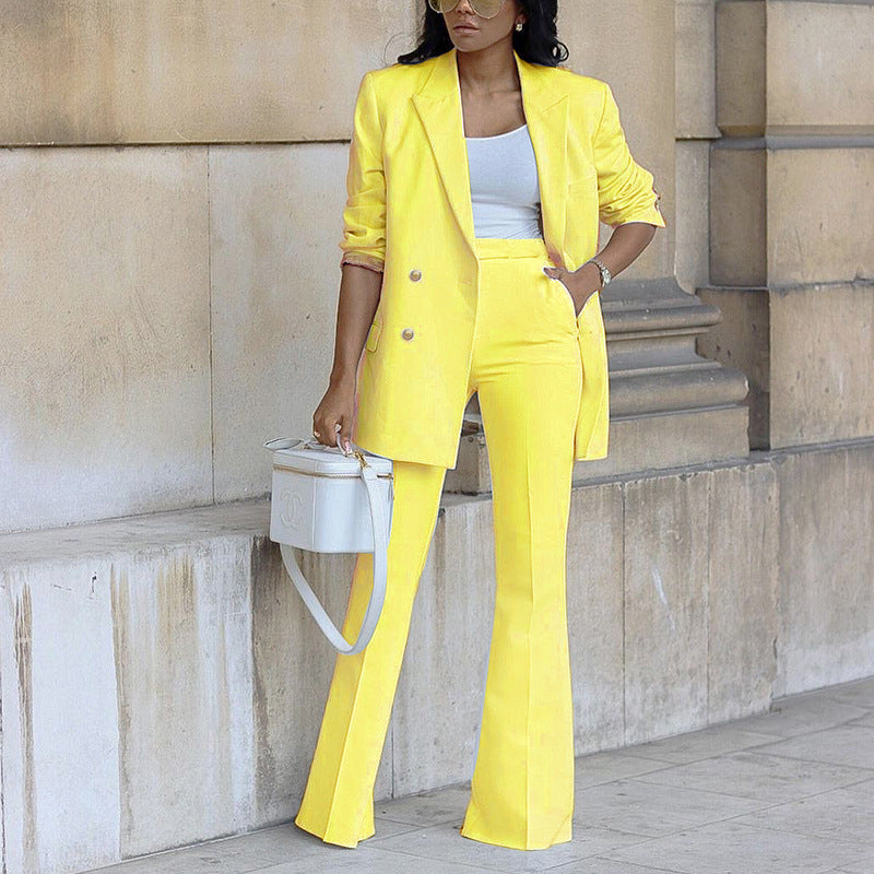 Women Solid Color Casual Suit Wide Leg Pants Two Piece Suit