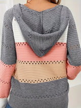 V Neck Striped Hooded Knitted Pullover Women Casual All Matching Color Matching Hollow Out Cutout Out Sweater