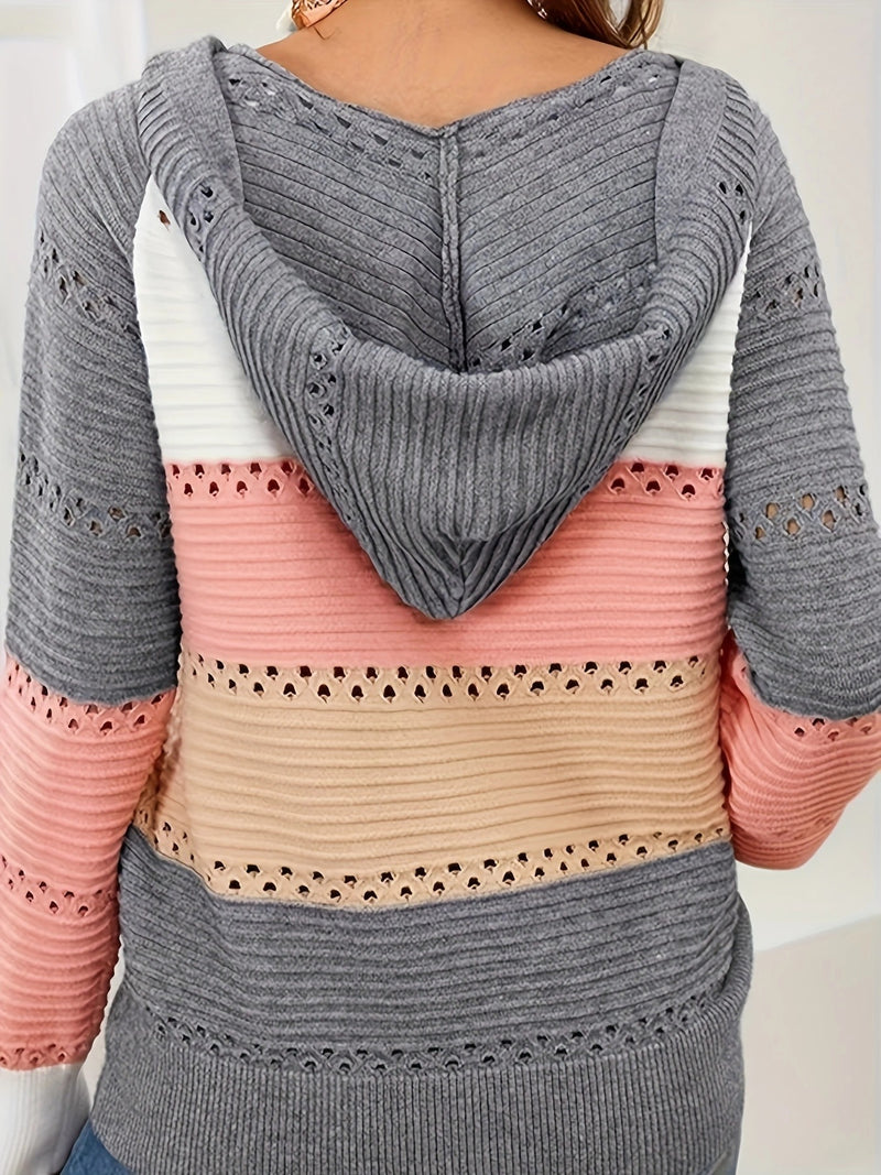 V Neck Striped Hooded Knitted Pullover Women Casual All Matching Color Matching Hollow Out Cutout Out Sweater